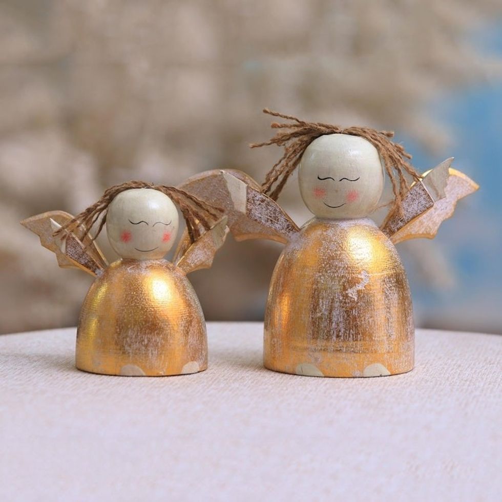 Distressed Gold-Tone Wood Angel Holiday Decor Pair 'Happy Angels'