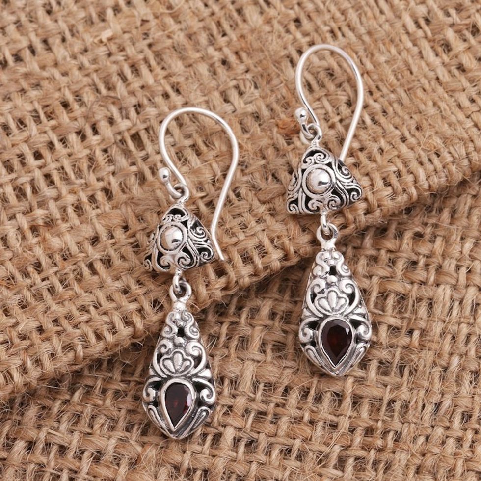 Silver and Garnet Dangle Earrings from Bali 'Traditional Treasure'