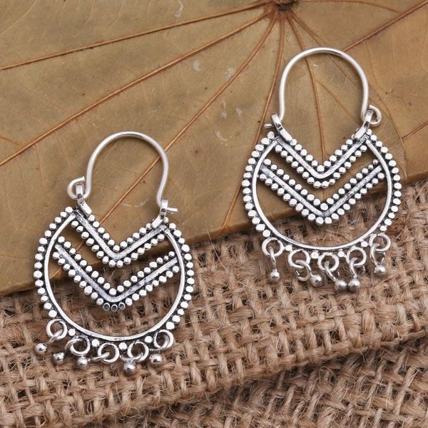 Alternate image for Balinese Style Sterling Silver Hoop Earrings Celuk Chevron
