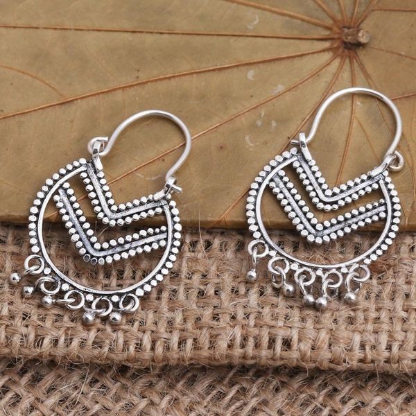 Alternate image for Balinese Style Sterling Silver Hoop Earrings Celuk Chevron
