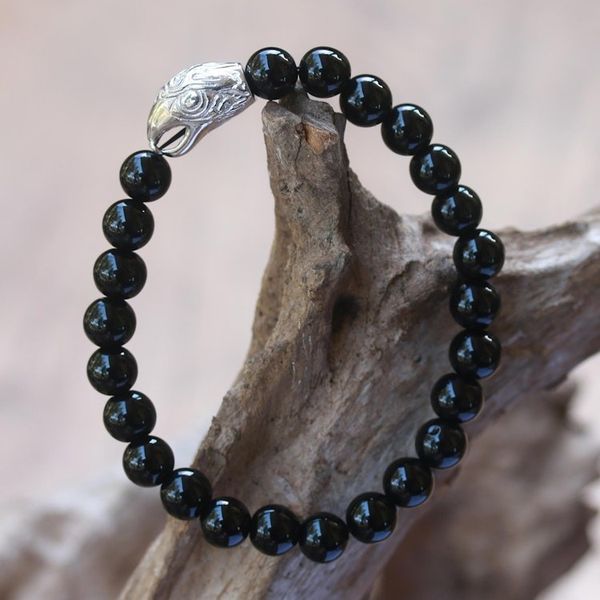 Alternate image for Rhodium Plated Eagle-Themed Onyx Beaded Stretch Bracelet Alert Eagle