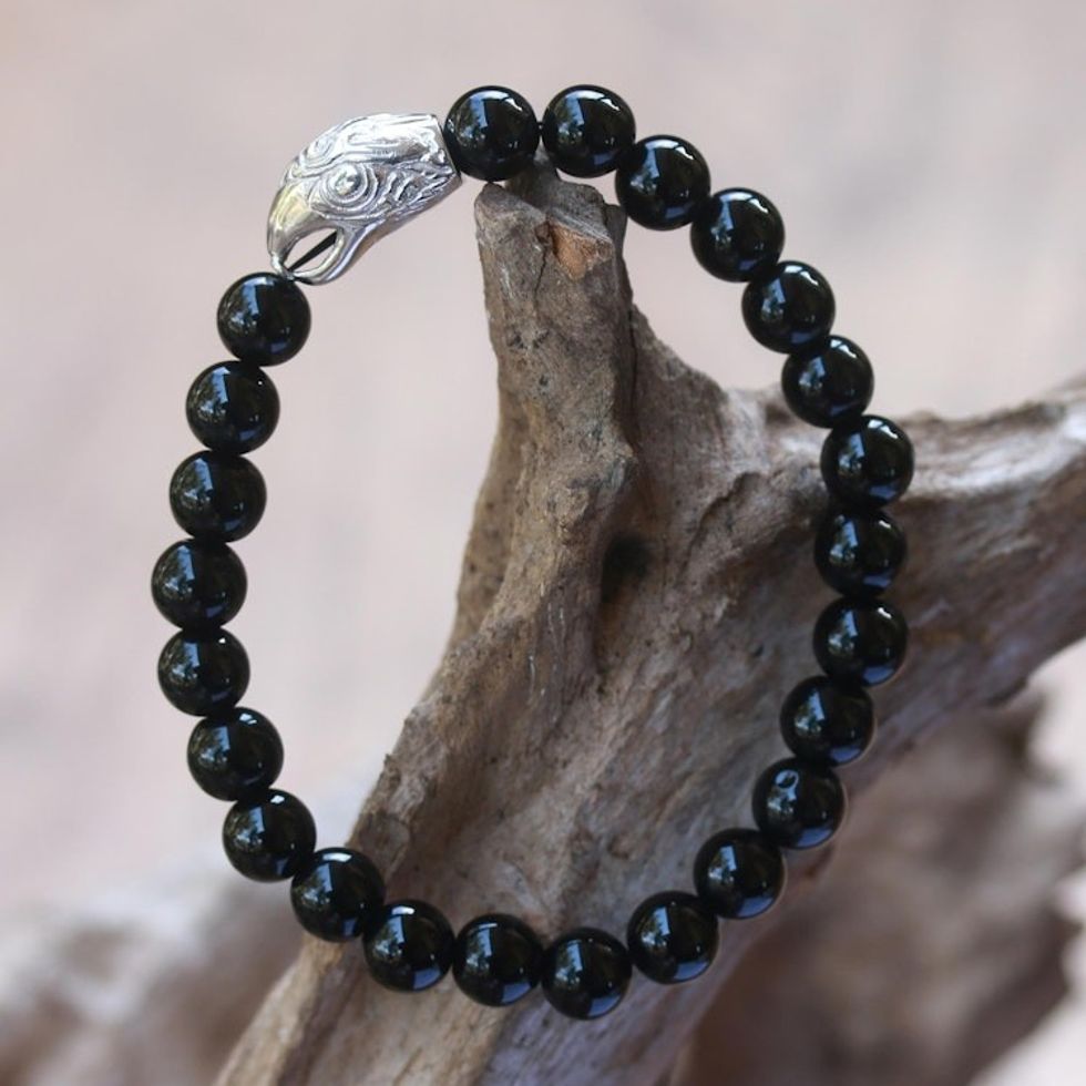 Rhodium Plated Eagle-Themed Onyx Beaded Stretch Bracelet 'Alert Eagle'