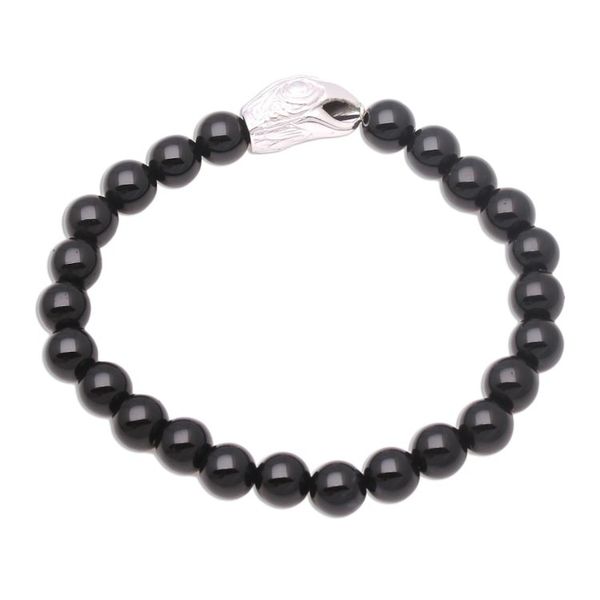 Alternate image for Rhodium Plated Eagle-Themed Onyx Beaded Stretch Bracelet Alert Eagle