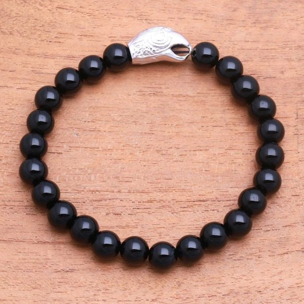 Alternate image for Rhodium Plated Eagle-Themed Onyx Beaded Stretch Bracelet Alert Eagle