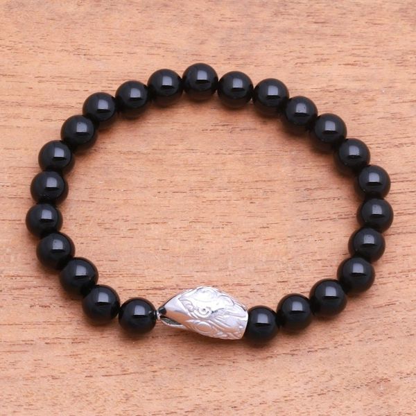 Alternate image for Rhodium Plated Eagle-Themed Onyx Beaded Stretch Bracelet Alert Eagle