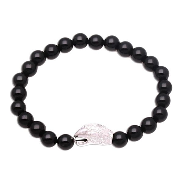 Alternate image for Rhodium Plated Eagle-Themed Onyx Beaded Stretch Bracelet Alert Eagle