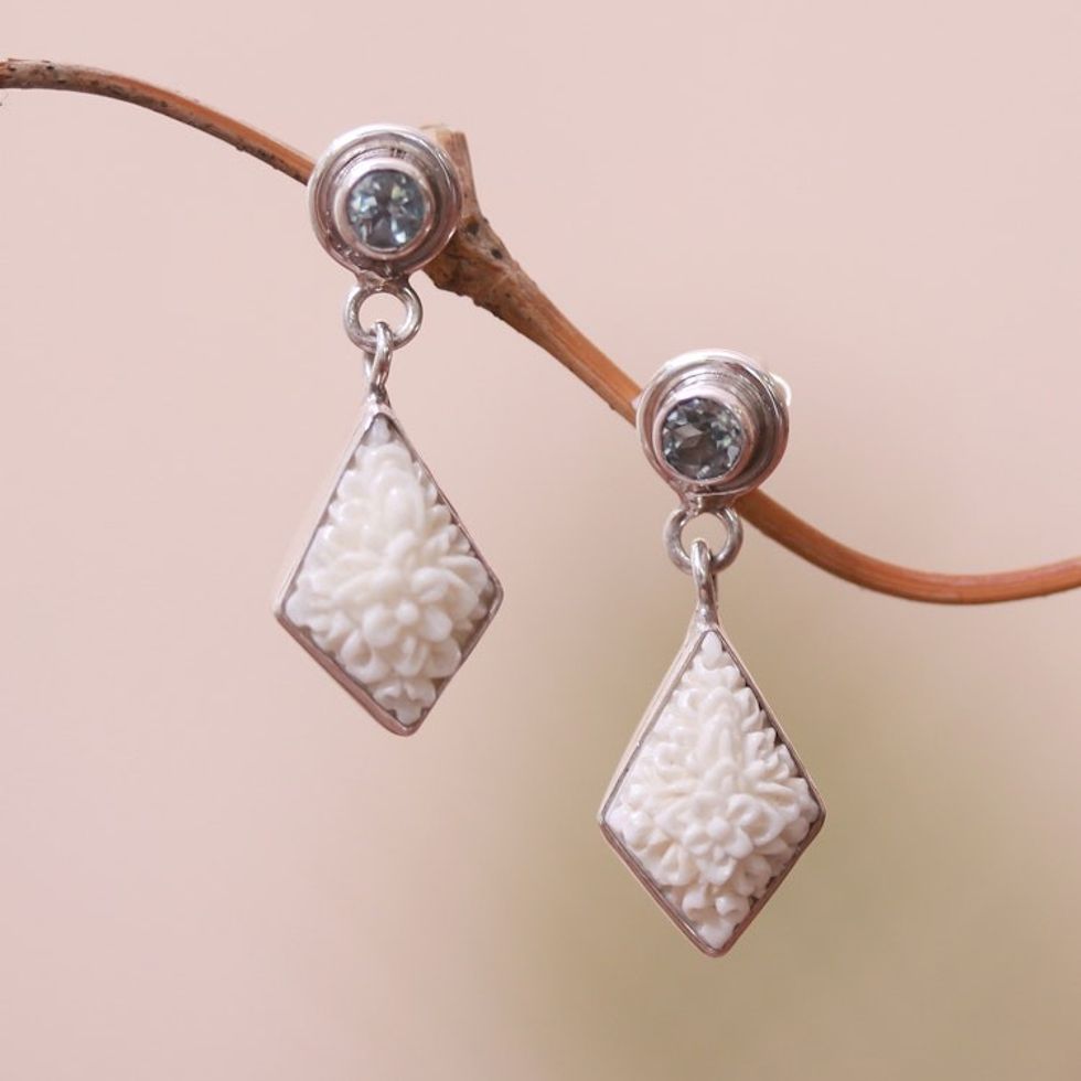 Floral Blue Topaz Dangle Earrings from Java 'Flower Kites'