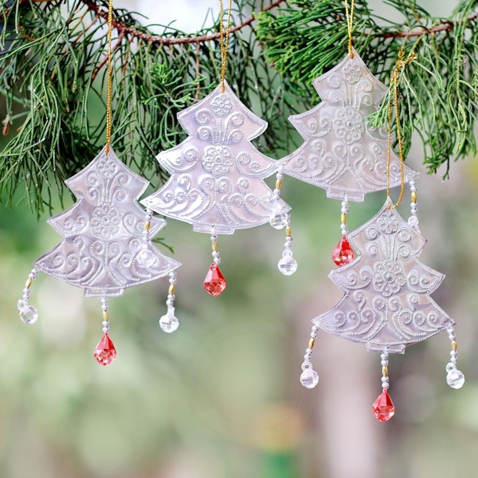 Aluminum Christmas Tree Ornaments from Bali Set of 4 'Glistening Trees'