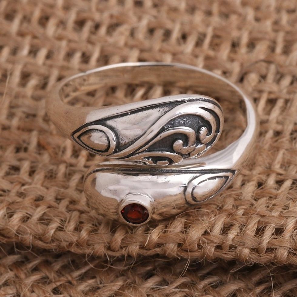 Bezel Set Garnet Sterling Silver Wrap Ring 'Two Heads'