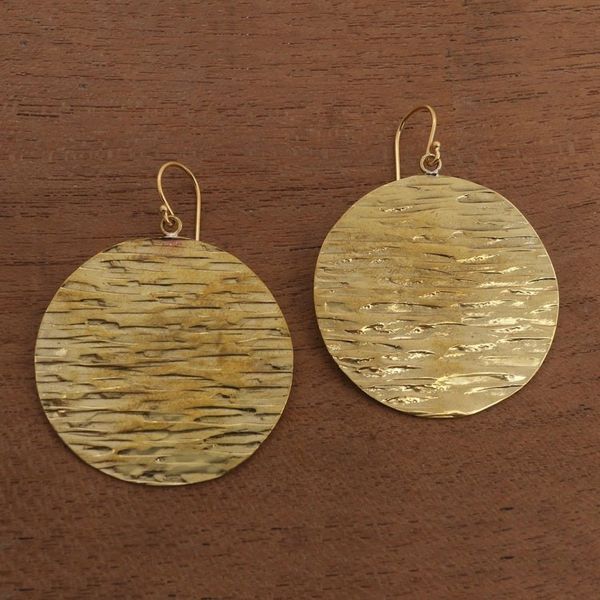 Alternate image for Round Textured Brass Dangle Earrings from Bali Elegant Moons