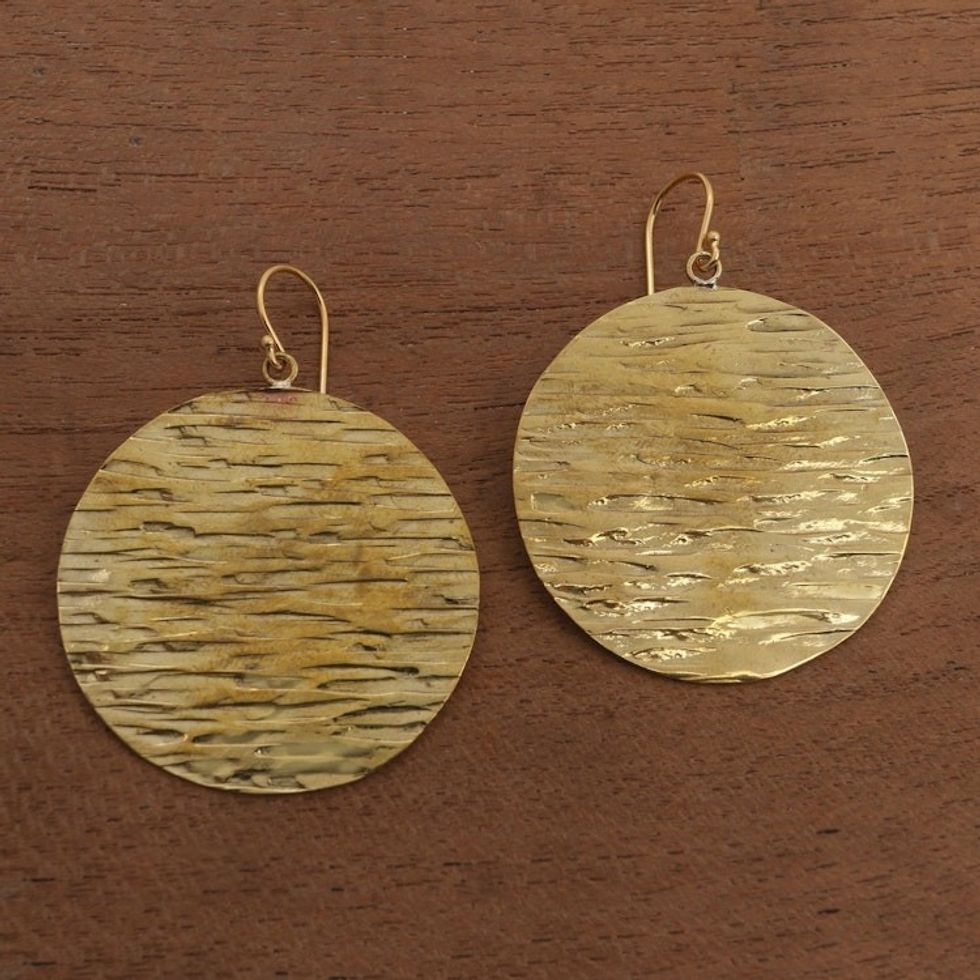 Round Textured Brass Dangle Earrings from Bali 'Elegant Moons'
