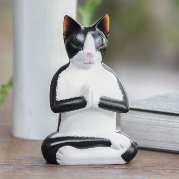 Alternate image for Hand Carved Wood Kitty Cat Meditation Sculpture Tuxedo Cat Meditates