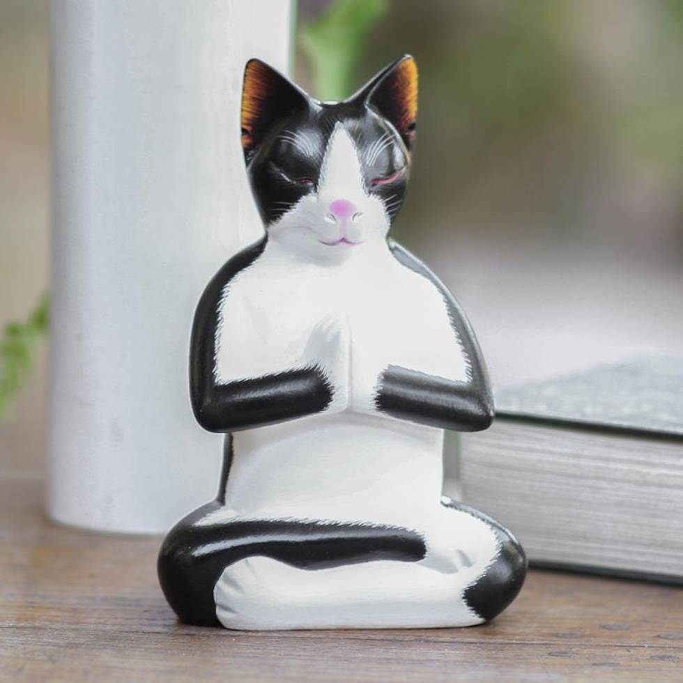 Hand Carved Wood Kitty Cat Meditation Sculpture 'Tuxedo Cat Meditates'