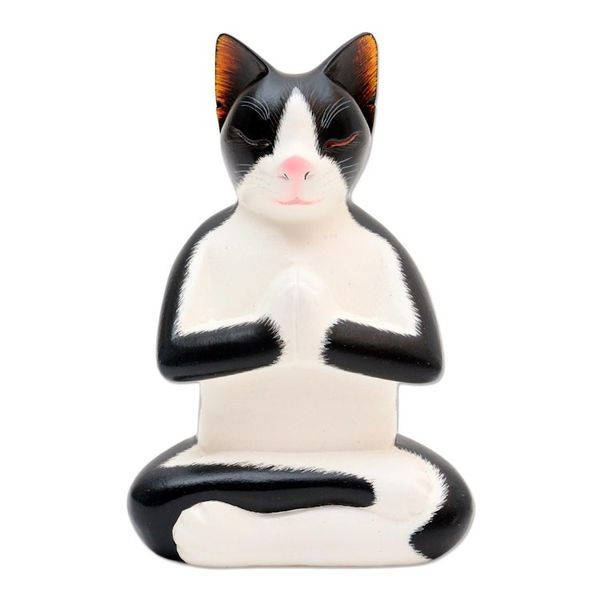 Alternate image for Hand Carved Wood Kitty Cat Meditation Sculpture Tuxedo Cat Meditates