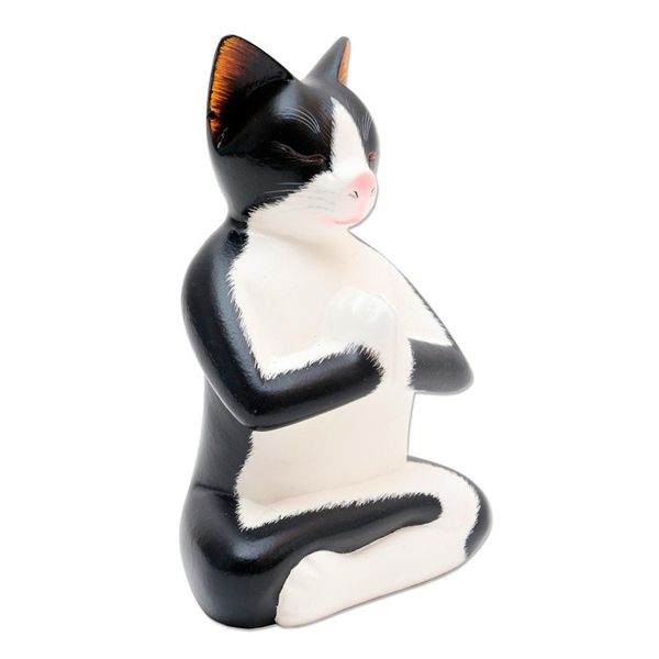 Alternate image for Hand Carved Wood Kitty Cat Meditation Sculpture Tuxedo Cat Meditates