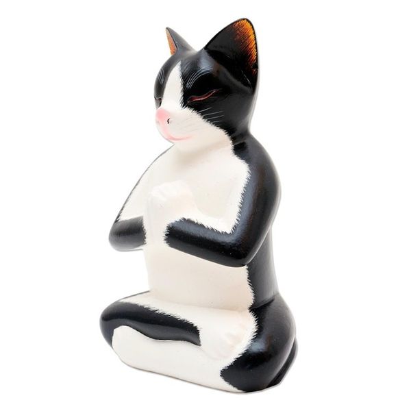 Alternate image for Hand Carved Wood Kitty Cat Meditation Sculpture Tuxedo Cat Meditates