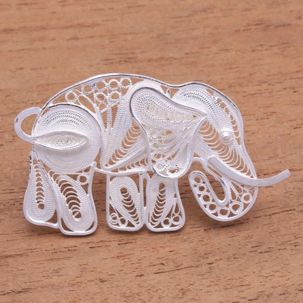 Sterling Silver Filigree Elephant Brooch from Java 'Intricate Elephant'