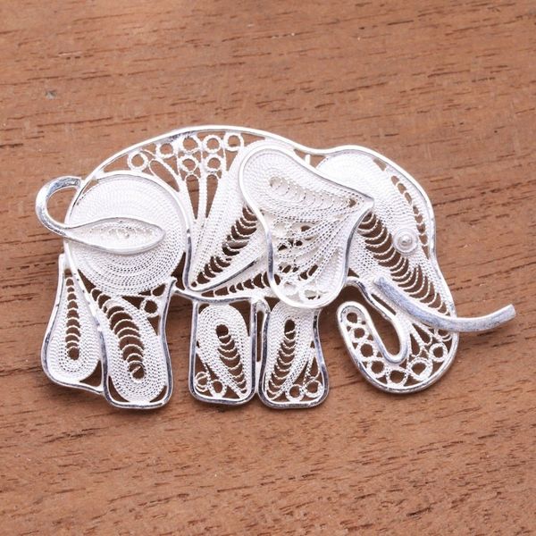 Alternate image for Sterling Silver Filigree Elephant Brooch from Java Intricate Elephant