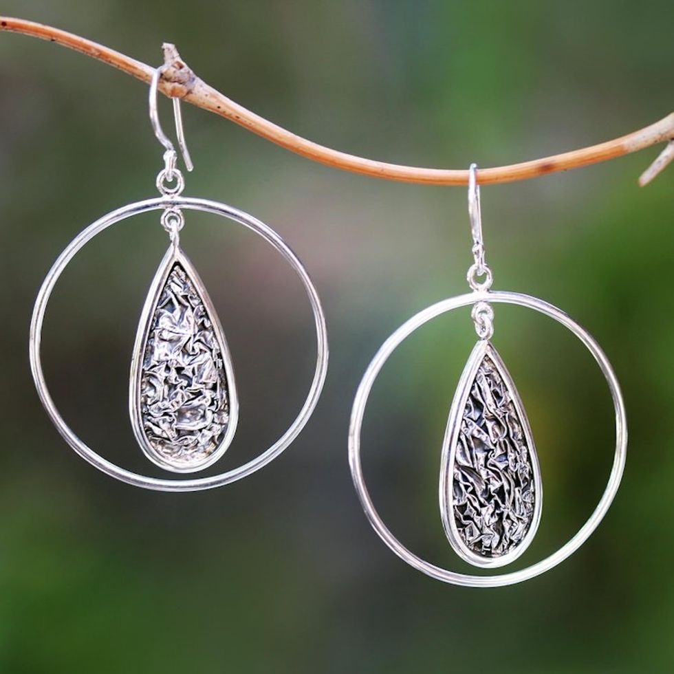 Drop-Shaped Contoured Sterling Silver Dangle Earrings 'Contour Drops'