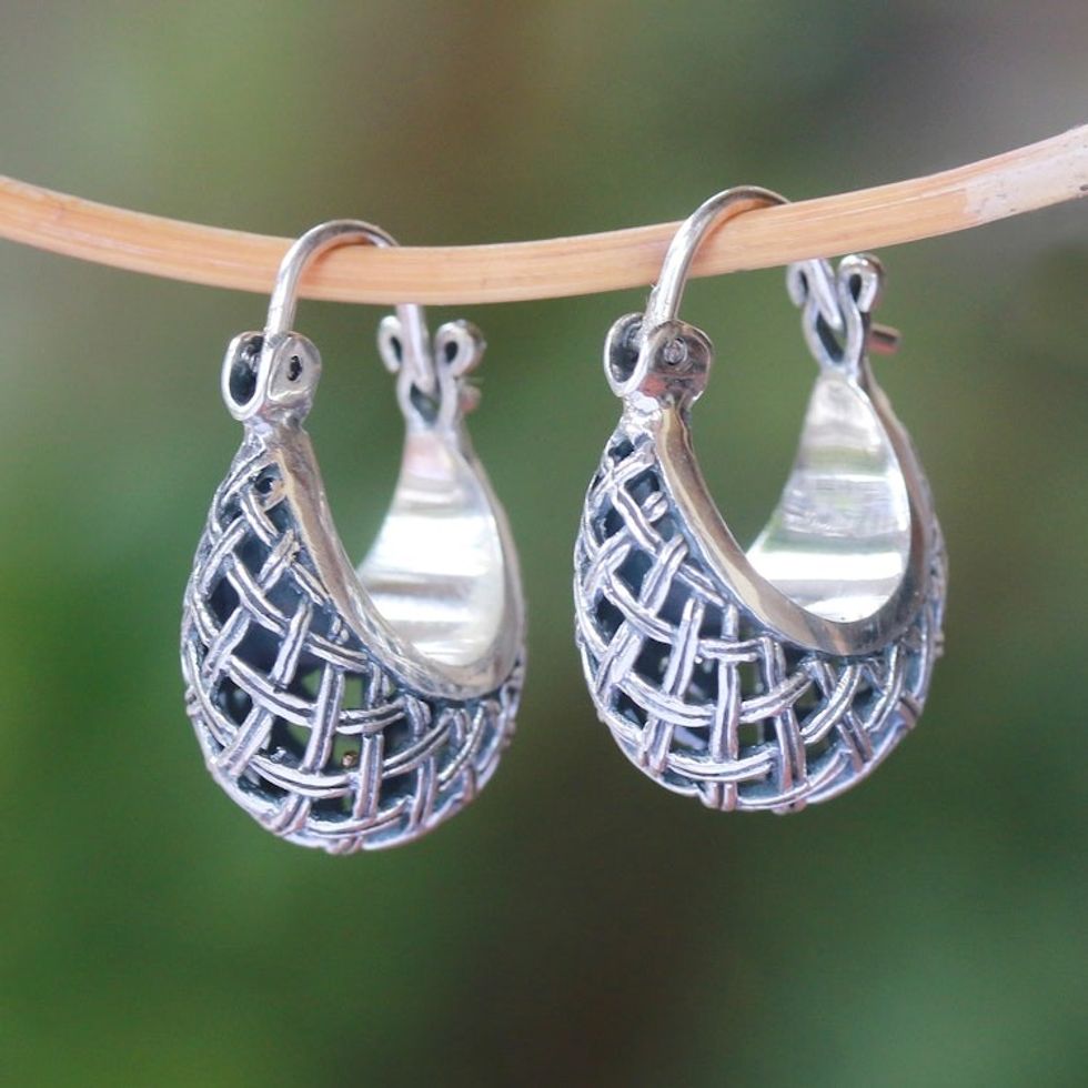 Basket Pattern Sterling Silver Hoop Earrings from Bali 'Hanging Baskets'
