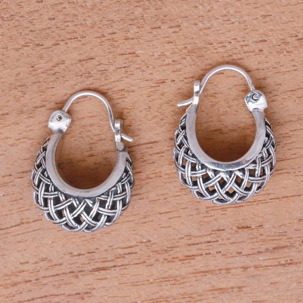 Alternate image for Basket Pattern Sterling Silver Hoop Earrings from Bali Hanging Baskets