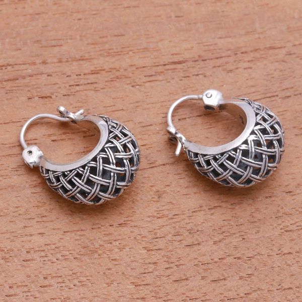 Alternate image for Basket Pattern Sterling Silver Hoop Earrings from Bali Hanging Baskets
