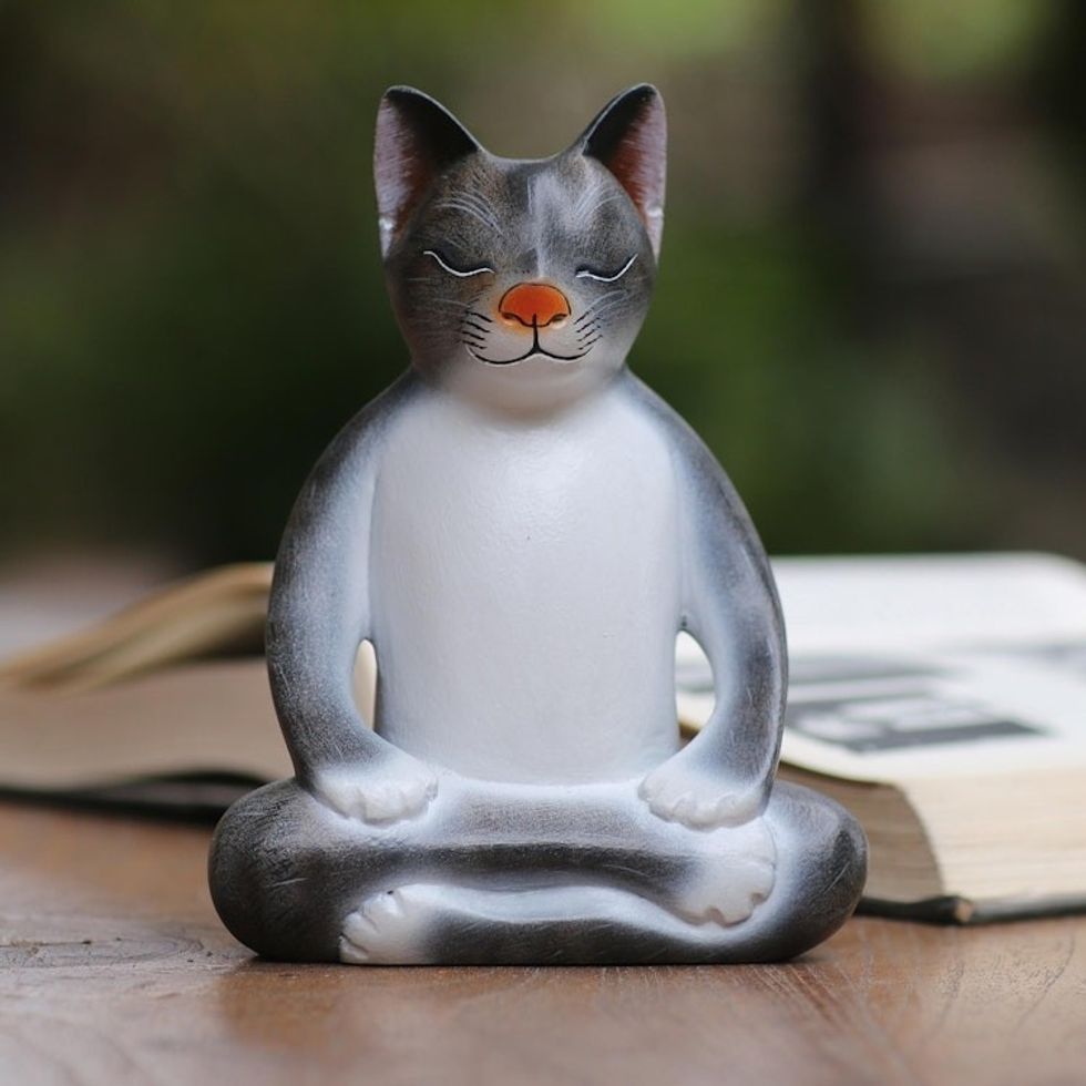 Wood Meditating Cat Sculpture in Grey and White from Bali 'Peaceful Kitty in Grey'