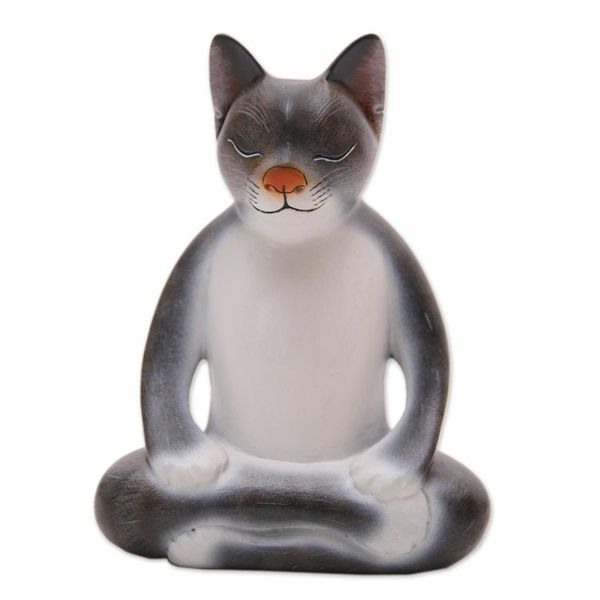 Alternate image for Wood Meditating Cat Sculpture in Grey and White from Bali Peaceful Kitty in Grey