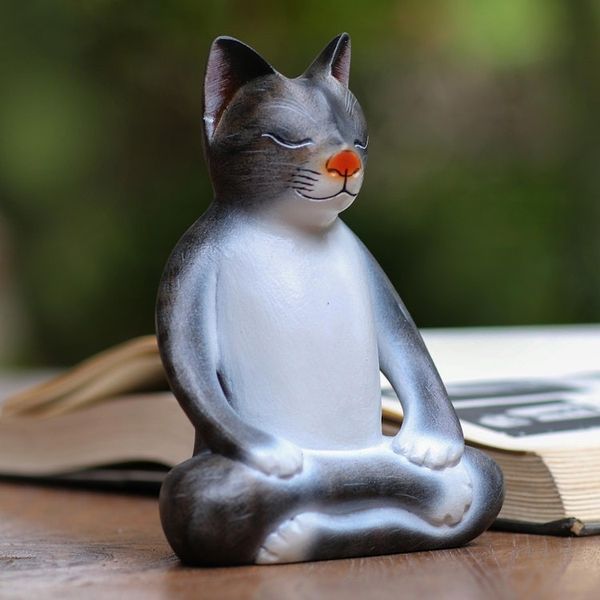 Alternate image for Wood Meditating Cat Sculpture in Grey and White from Bali Peaceful Kitty in Grey