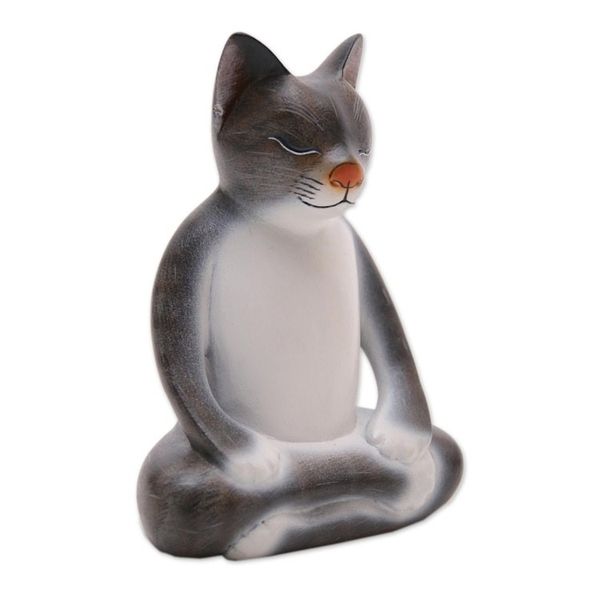 Alternate image for Wood Meditating Cat Sculpture in Grey and White from Bali Peaceful Kitty in Grey