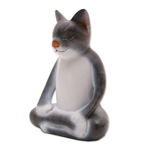 Alternate image for Wood Meditating Cat Sculpture in Grey and White from Bali Peaceful Kitty in Grey