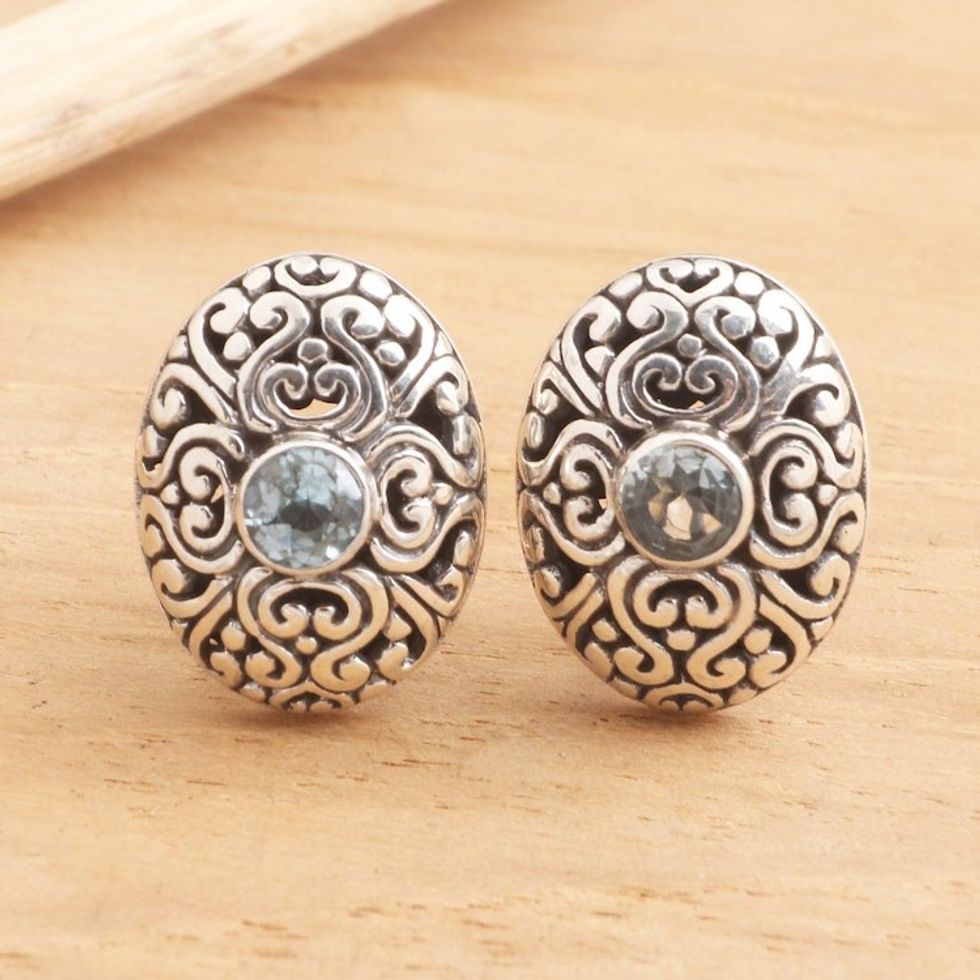 Oval Button Earrings in Sterling Silver with Blue Topaz 'Traditional Charm'