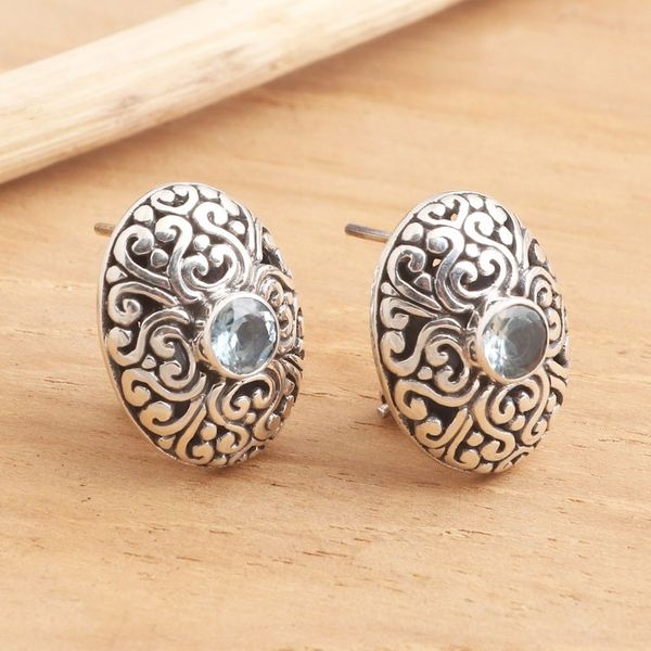 Alternate image for Oval Button Earrings in Sterling Silver with Blue Topaz Traditional Charm