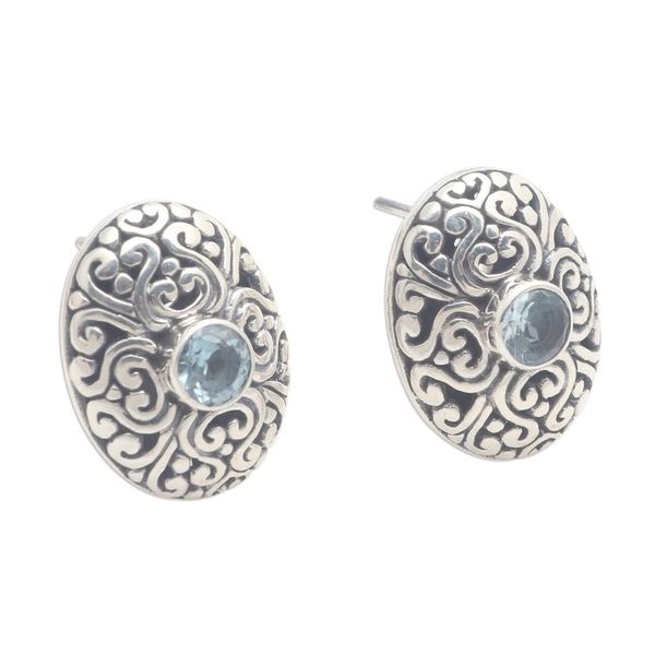 Alternate image for Oval Button Earrings in Sterling Silver with Blue Topaz Traditional Charm