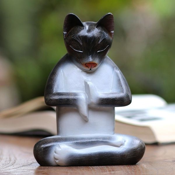 Alternate image for Suar Wood Lotus Pose Yoga Cat Sculpture in Grey from Bali Full Lotus Cat in Grey