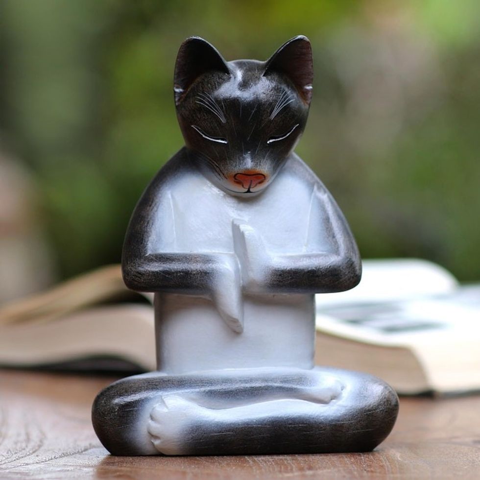 Suar Wood Lotus Pose Yoga Cat Sculpture in Grey from Bali 'Full Lotus Cat in Grey'