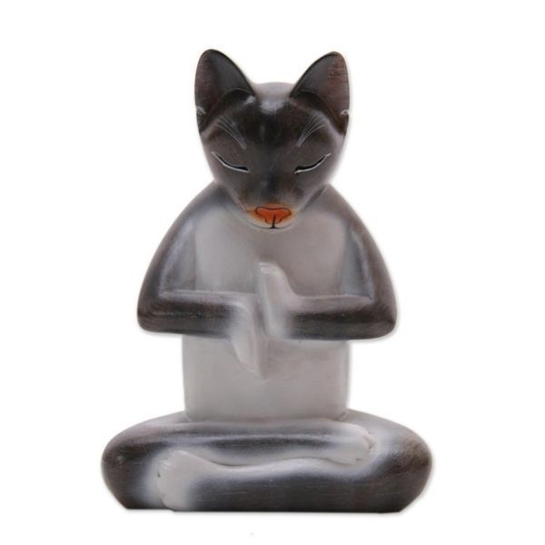 Alternate image for Suar Wood Lotus Pose Yoga Cat Sculpture in Grey from Bali Full Lotus Cat in Grey