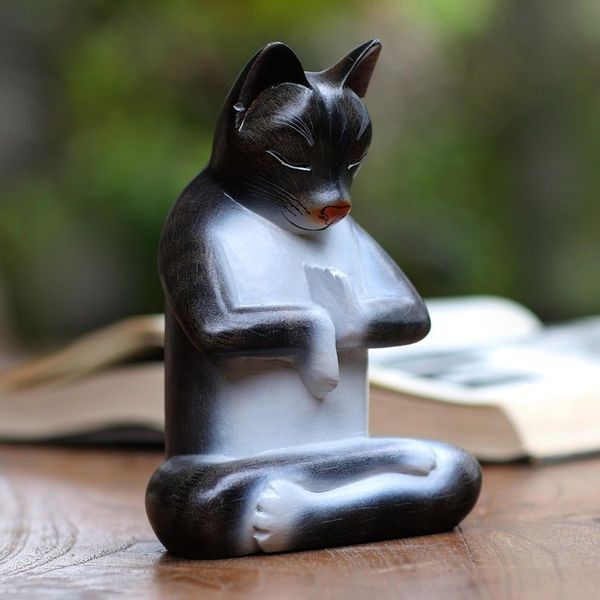 Alternate image for Suar Wood Lotus Pose Yoga Cat Sculpture in Grey from Bali Full Lotus Cat in Grey