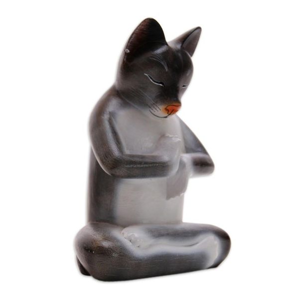 Alternate image for Suar Wood Lotus Pose Yoga Cat Sculpture in Grey from Bali Full Lotus Cat in Grey