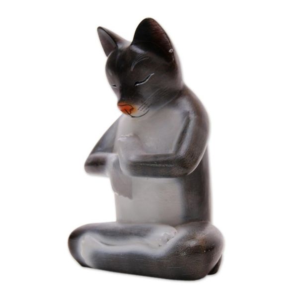 Alternate image for Suar Wood Lotus Pose Yoga Cat Sculpture in Grey from Bali Full Lotus Cat in Grey
