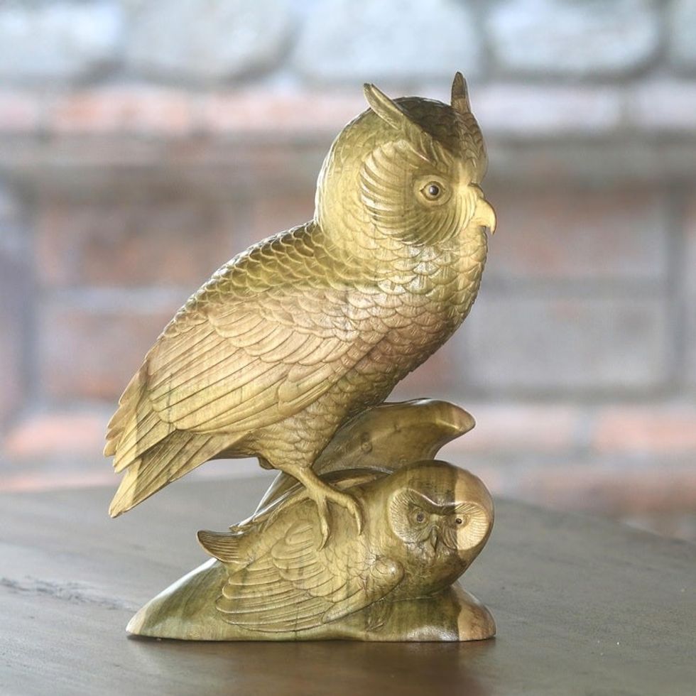 Hibiscus Wood Sculpture of Two Owls from Bali 'Owl Shelter'