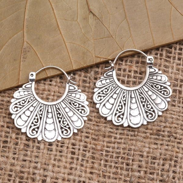 Alternate image for Fan-Shaped Sterling Silver Hoop Earrings Sukawati Fans