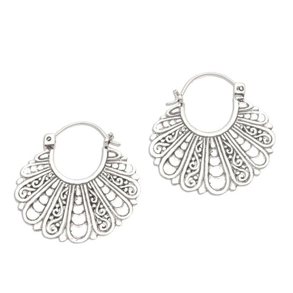 Alternate image for Fan-Shaped Sterling Silver Hoop Earrings Sukawati Fans