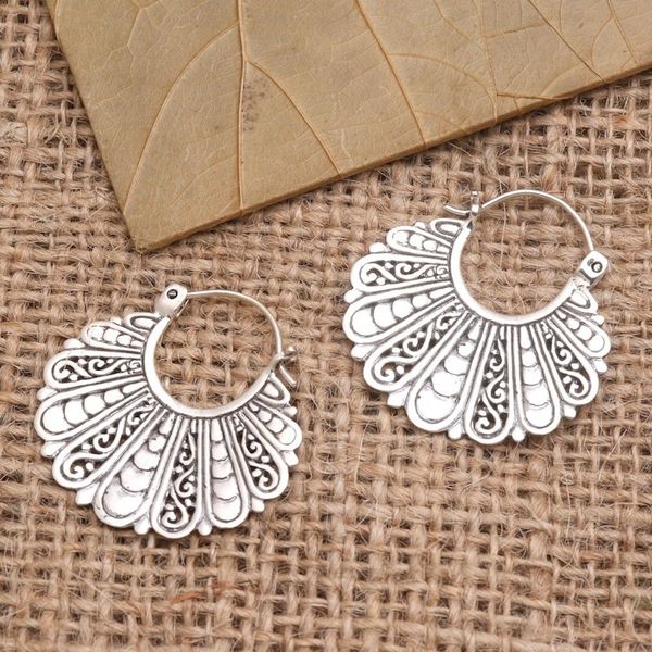 Alternate image for Fan-Shaped Sterling Silver Hoop Earrings Sukawati Fans