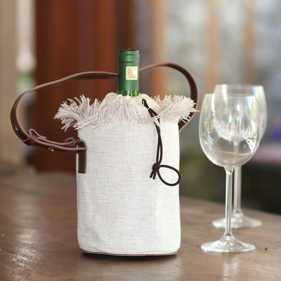 Elegant Cotton and Leather Wine Tote Bag 'Vineyard Picnic'