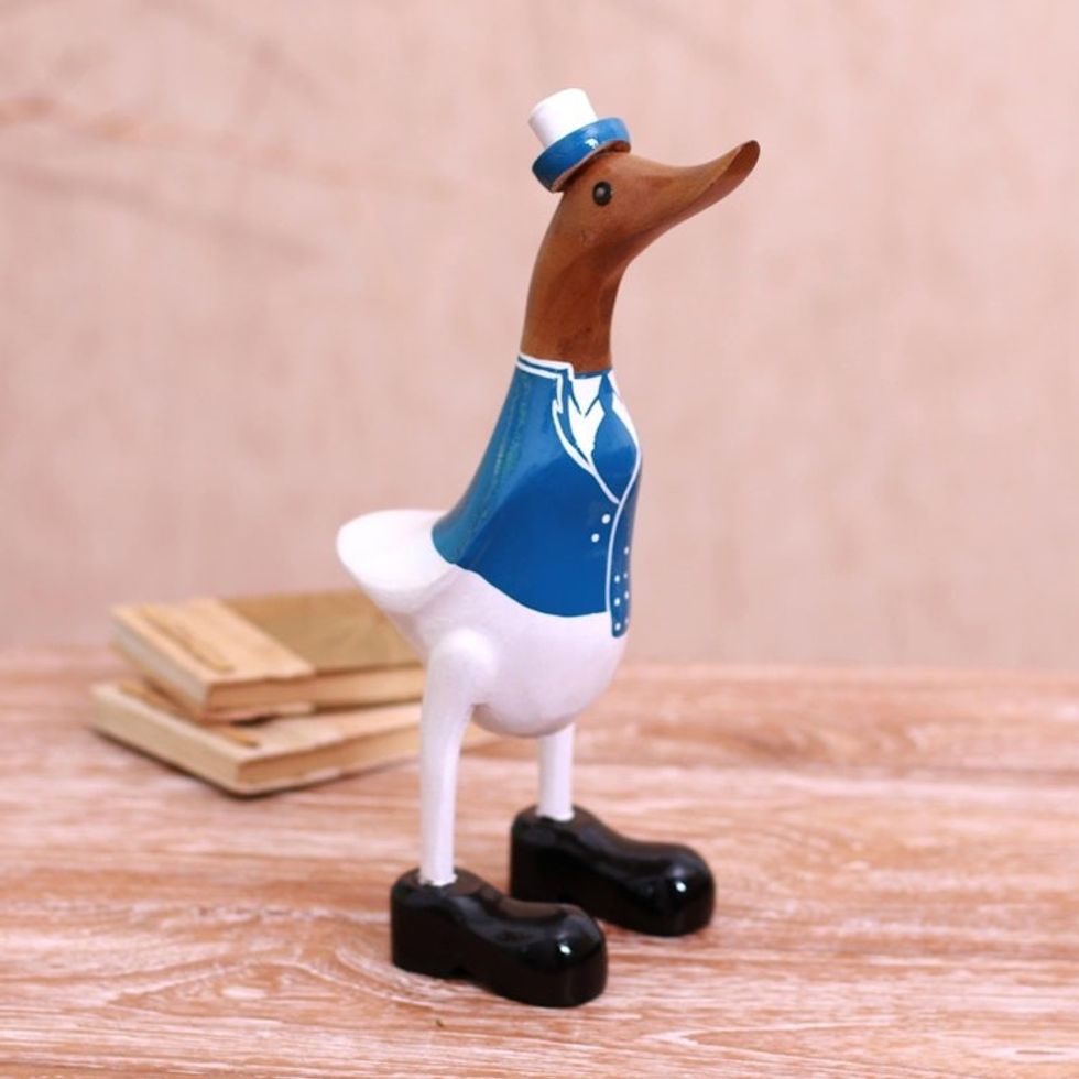 Bamboo Root and Wood Captain Duck Sculpture in Blue 'Captain Duck in Blue'