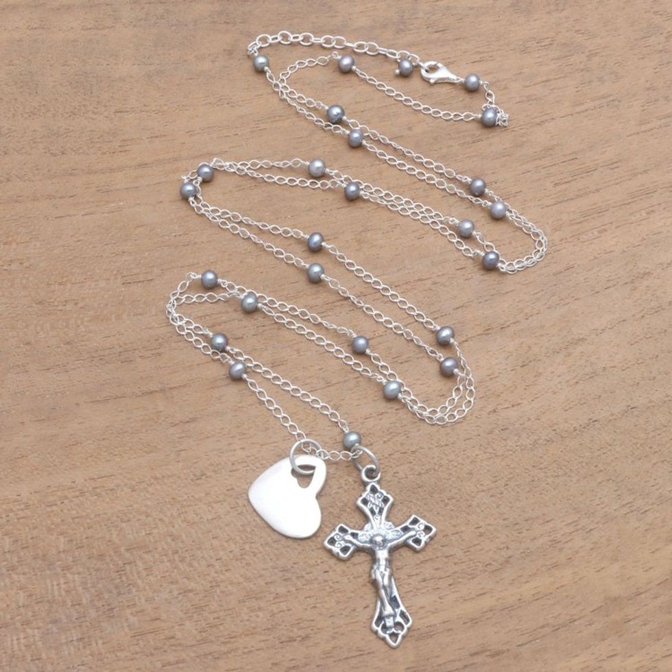 Cultured Pearl Heart and Cross Long Pendant Necklace 'Love for the Cross'