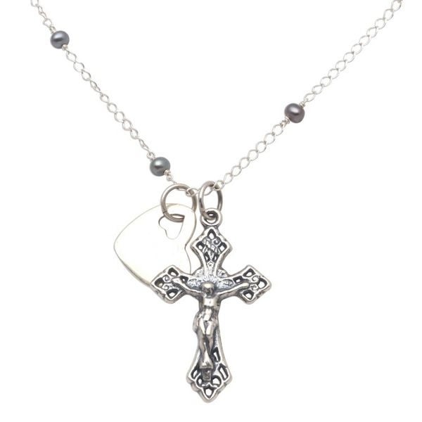 Alternate image for Cultured Pearl Heart and Cross Long Pendant Necklace Love for the Cross