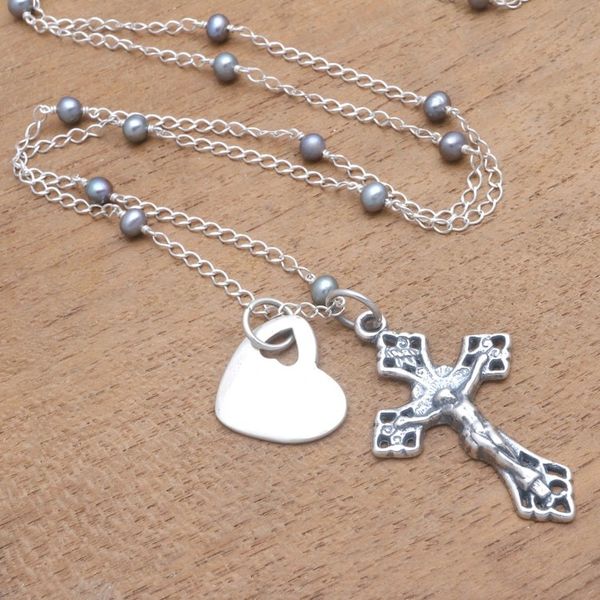 Alternate image for Cultured Pearl Heart and Cross Long Pendant Necklace Love for the Cross