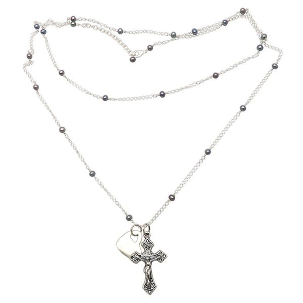 Alternate image for Cultured Pearl Heart and Cross Long Pendant Necklace Love for the Cross